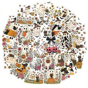 48 Halloween Cute Ghosts & Flowers Stickers Garden Kitty Cats Pumpkins Kids